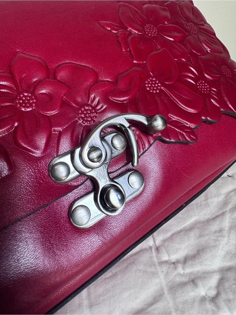 Patricia Nash Tooled Floral Leather Charrone Satchel in Berry Red